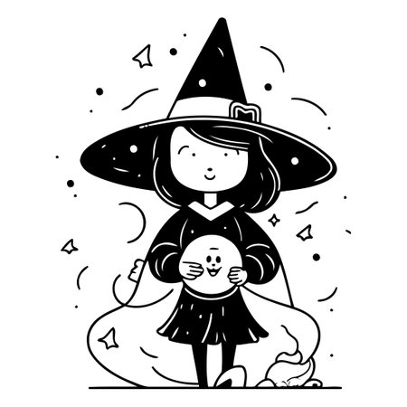 Cute little girl in witch costume with pumpkin. Vector illustration.のイラスト素材