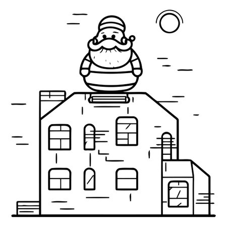 Santa Claus on the roof of the house. Vector illustration in linear style.のイラスト素材