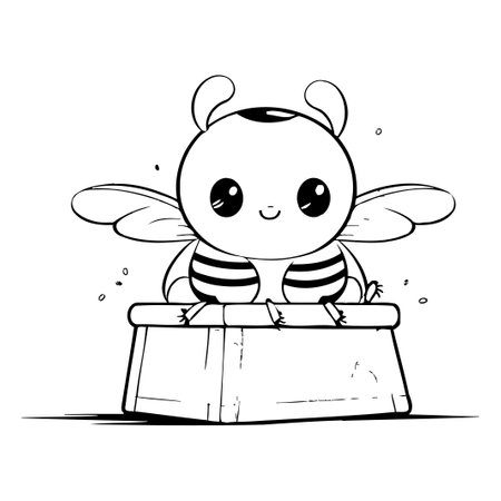 Cute cartoon bee sitting on the food box. Vector illustration.のイラスト素材