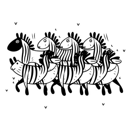 Zebra family. Vector hand drawn illustration of a group of zebras.のイラスト素材