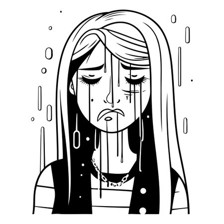 Sad girl with tears in her face. Vector illustration in cartoon style.のイラスト素材