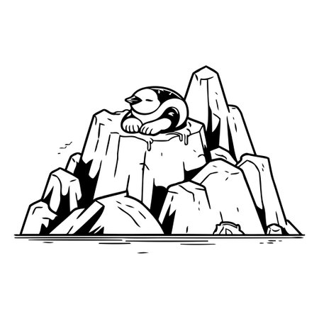Vector illustration of a cute penguin sitting on a rock on the sea.のイラスト素材