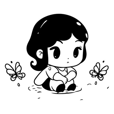 Little girl sitting on a puddle with butterflies. Vector illustration.のイラスト素材