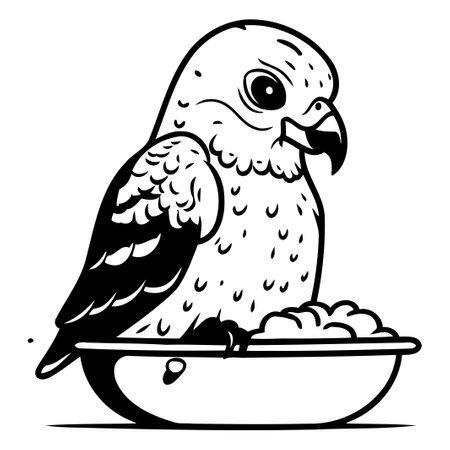 Parrot eating food in bowl. Vector illustration in cartoon style.のイラスト素材