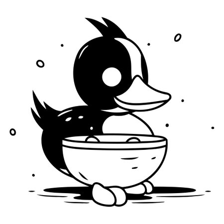Cute cartoon duck with a bowl of baby food. Vector illustration.のイラスト素材
