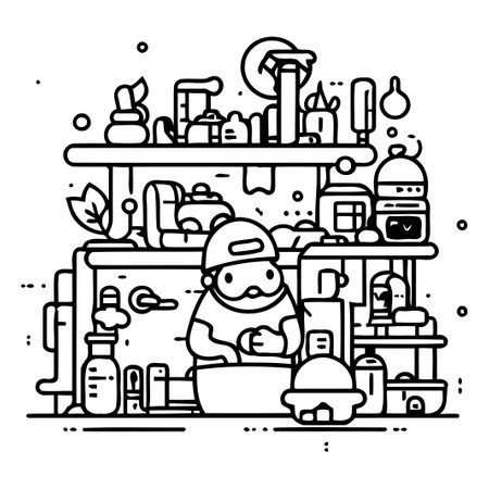Santa Claus in the kitchen. Vector illustration in thin line style.のイラスト素材