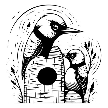 Hand drawn vector illustration of a pair of Great Spotted Woodpecker and birdhouse.のイラスト素材