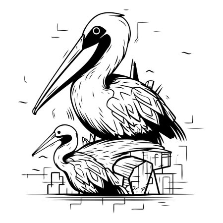 Hand drawn vector illustration of a pelican and a stork.のイラスト素材