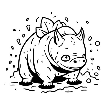 Vector illustration of a cute cartoon hippopotamus in the mud.のイラスト素材