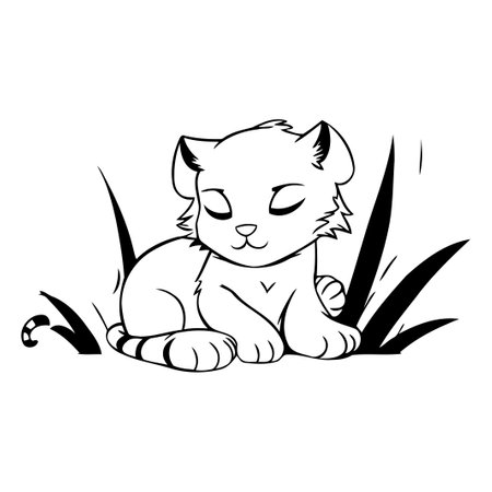 Cute cat sitting on grass. Vector illustration in cartoon style.のイラスト素材