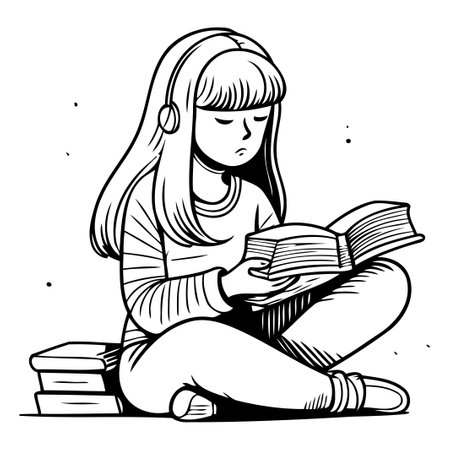Girl reading a book. Vector illustration in doodle style.のイラスト素材