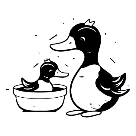 Duck and duckling in a bowl. Vector illustration on white background.のイラスト素材