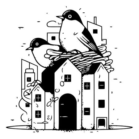 Two birds sitting on the roof of a house. Vector illustration.のイラスト素材