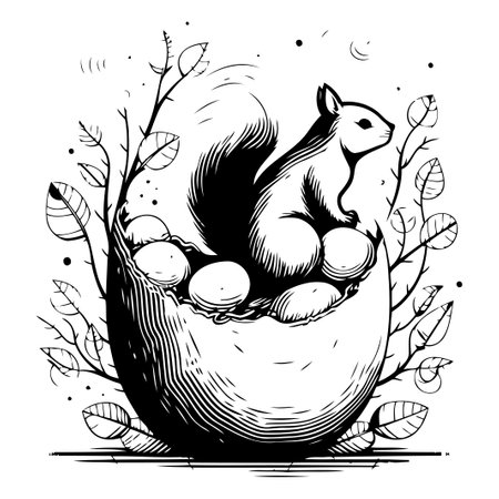 Hand drawn vector illustration of a squirrel in a basket full of eggs.のイラスト素材