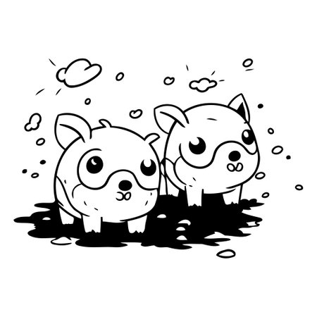 Cute cartoon pig and dog playing in the mud. Vector illustration.のイラスト素材