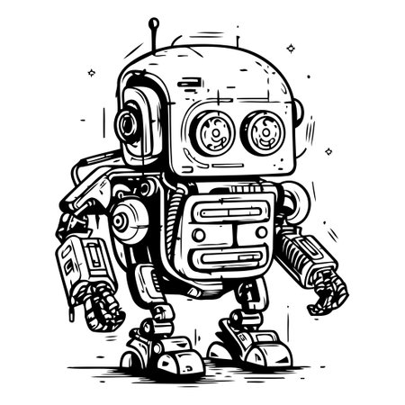 Retro robot. Hand drawn vector illustration. Isolated on white background.のイラスト素材