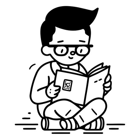 Boy reading a book and sitting on the floor. Vector illustration.のイラスト素材