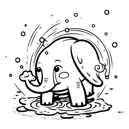 Cute cartoon elephant washing in a puddle. Vector illustration.のイラスト素材