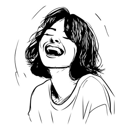 Vector hand drawn illustration of a young woman laughing. Isolated on white background.のイラスト素材