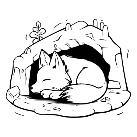 Red fox sleeping in a cave. Vector illustration of a cartoon style.のイラスト素材