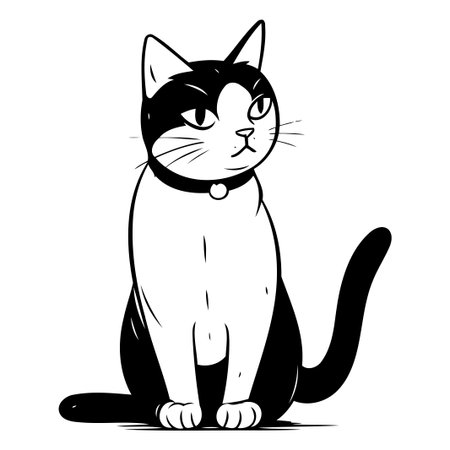 Black and white cat sitting on a white background. Vector illustration.のイラスト素材