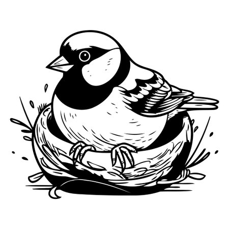 Sparrow sitting in the nest. Vector hand drawn illustration.のイラスト素材
