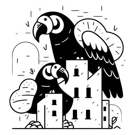 Vector illustration of parrot in the city. Cute cartoon parrot.のイラスト素材
