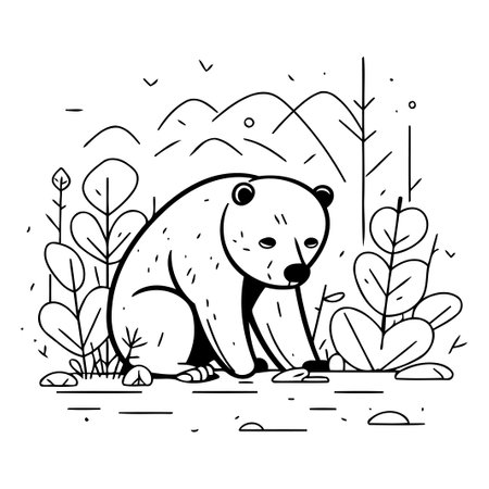Vector illustration of a cute polar bear in the forest. Linear style.のイラスト素材