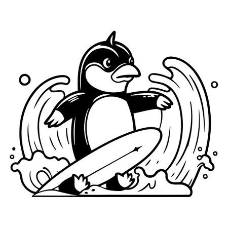 Cute penguin with surfboard on wave. Vector illustration.のイラスト素材