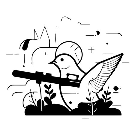 Vector illustration of a bird with a gun in the field. Flat line style design.のイラスト素材