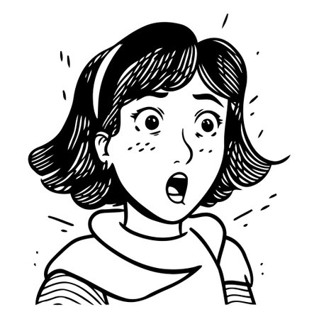 Surprised woman with open mouth. Hand drawn vector illustration.のイラスト素材
