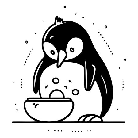 Cute penguin with a bowl of soup. Vector illustration.のイラスト素材