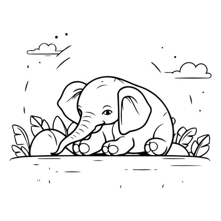 Cute cartoon elephant on the beach. Vector illustration in a flat style.のイラスト素材
