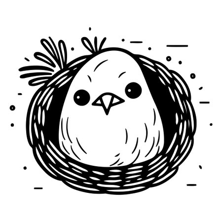 Cute little chick in the nest. Hand drawn vector illustration.のイラスト素材