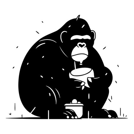 Gorilla with a cup of coffee. Vector illustration in cartoon style.のイラスト素材