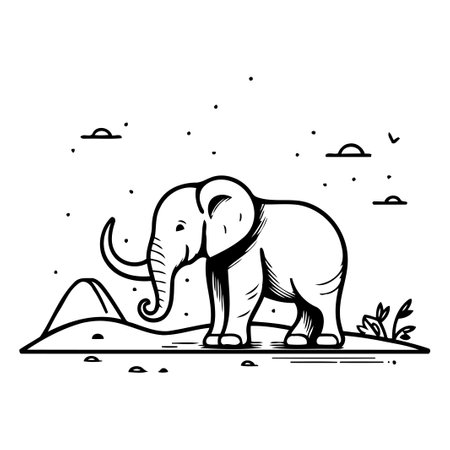 Vector illustration of elephant standing on the grass. Hand drawn style.のイラスト素材