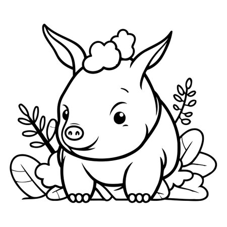 Cute cartoon rhinoceros with green leaves. Vector illustration.のイラスト素材