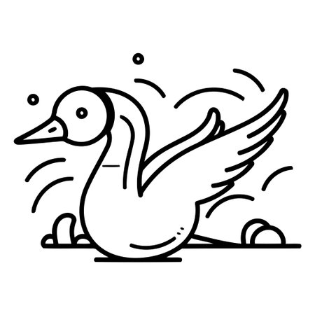 Vector illustration of a white goose swimming in the water. Linear style.のイラスト素材