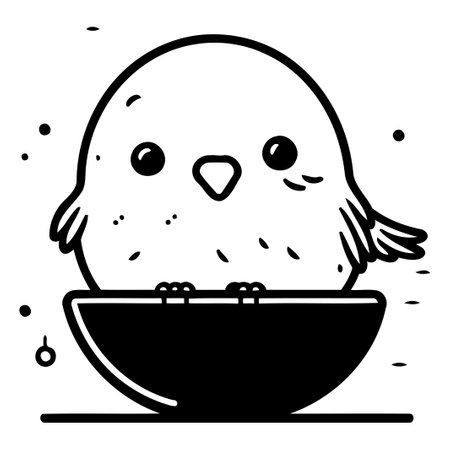 Cute yellow chick in bowl. Vector illustration isolated on white background.のイラスト素材