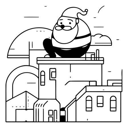 Santa Claus on the roof of a building. Vector illustration in thin line style.のイラスト素材