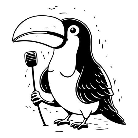 Cute cartoon toucan with microphone. Hand drawn vector illustration.のイラスト素材