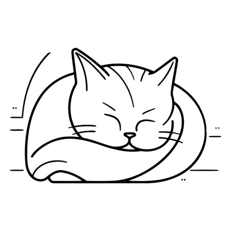 Cute cat sleeping on a pillow. Vector illustration in line style.のイラスト素材