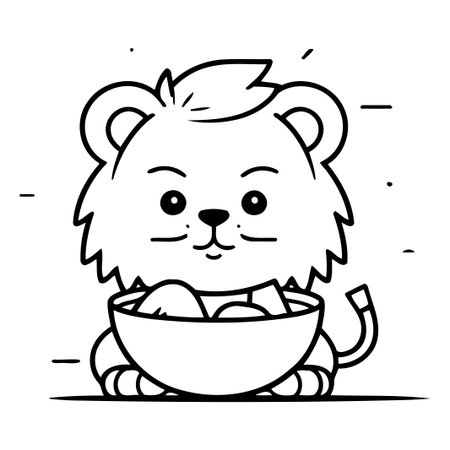 Cute lion with bowl of cereal. Vector illustration in cartoon style.のイラスト素材