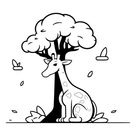 Cartoon giraffe sitting under tree. Vector illustration in flat style.のイラスト素材