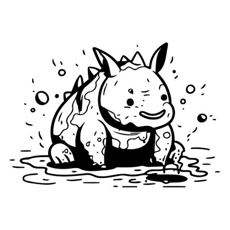 Cute hand drawn vector illustration of a hippo in the rain.のイラスト素材