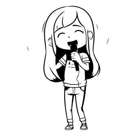 Cute little girl singing karaoke with microphone. Vector illustration.のイラスト素材
