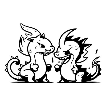 Funny cartoon dragon couple. Vector illustration isolated on white background.のイラスト素材