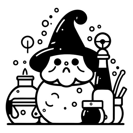 Cute cartoon gnome in witch hat with magic potion. Vector illustration.のイラスト素材