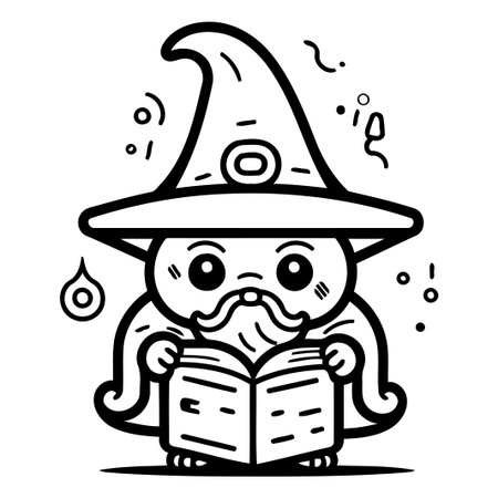 Witch reading a book. Cute cartoon character. Vector illustration.のイラスト素材