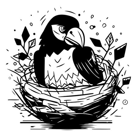 Vector illustration of a bird in the nest. Hand drawn sketch.のイラスト素材
